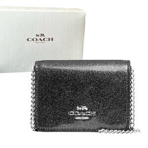 NEW Coach MINI WALLET ON CHAIN Gunmetal Glitter Patent Leather Silver Gray + BOX